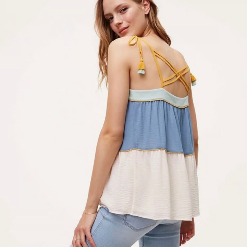 LOFT Sky Blue Cream Mustard Yellow Mint Green Colorblock Peplum Camisole Tank L - Picture 11 of 11